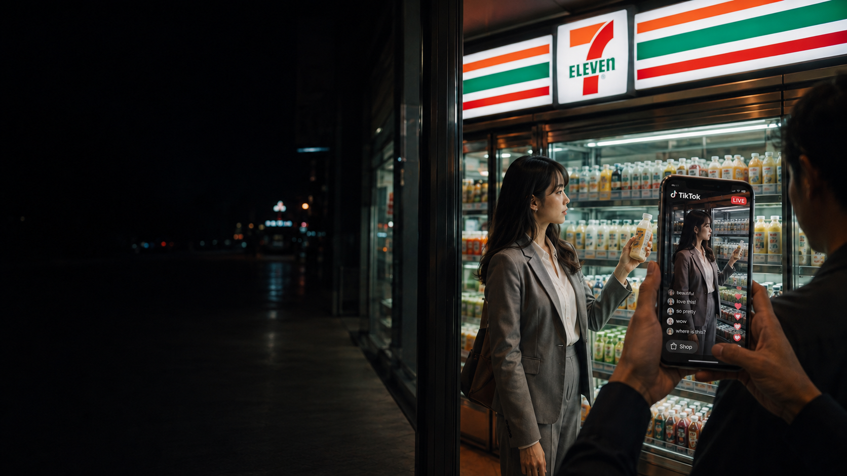 Original concept: a Thai businesswoman selecting a drink at 7-Eleven, with a TikTok LIVE room on a foreground phone